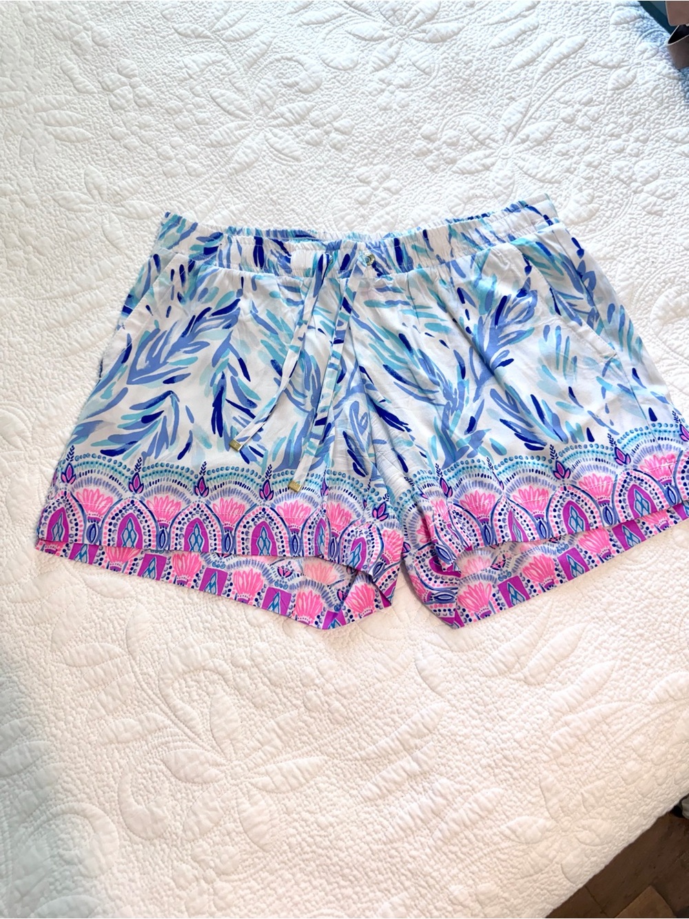 Lilly Pulitzer Katia Flock Together Pull On Shorts Womens Small Blue Pink Rayon
